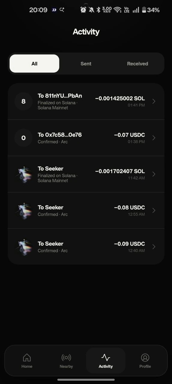 Blee Activity screen showing settled Arc and Solana payments