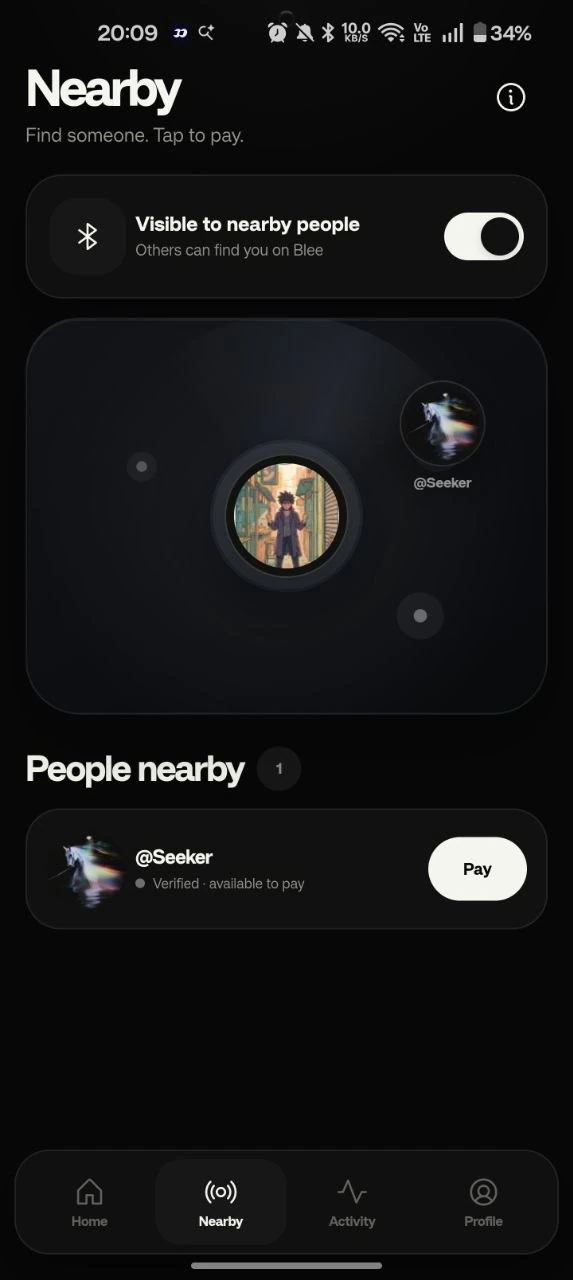 Blee Nearby screen showing a verified person ready to pay