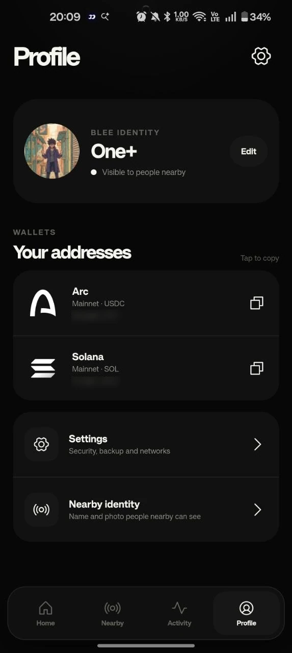 Blee Profile screen with wallet addresses blurred for privacy